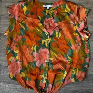 DR2‎ Women's Floral Button-Up Top - Orange and Green